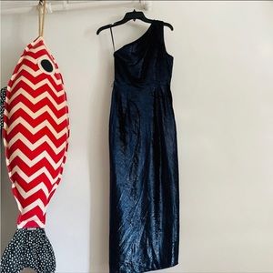 NWoT Ted Baker Abinaa sapphire metallic velvet one shoulder draped midi dress